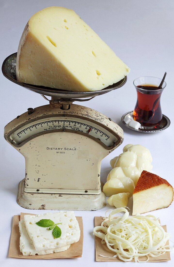 Various types of cheese from Turkey with a pair of kitchen scales