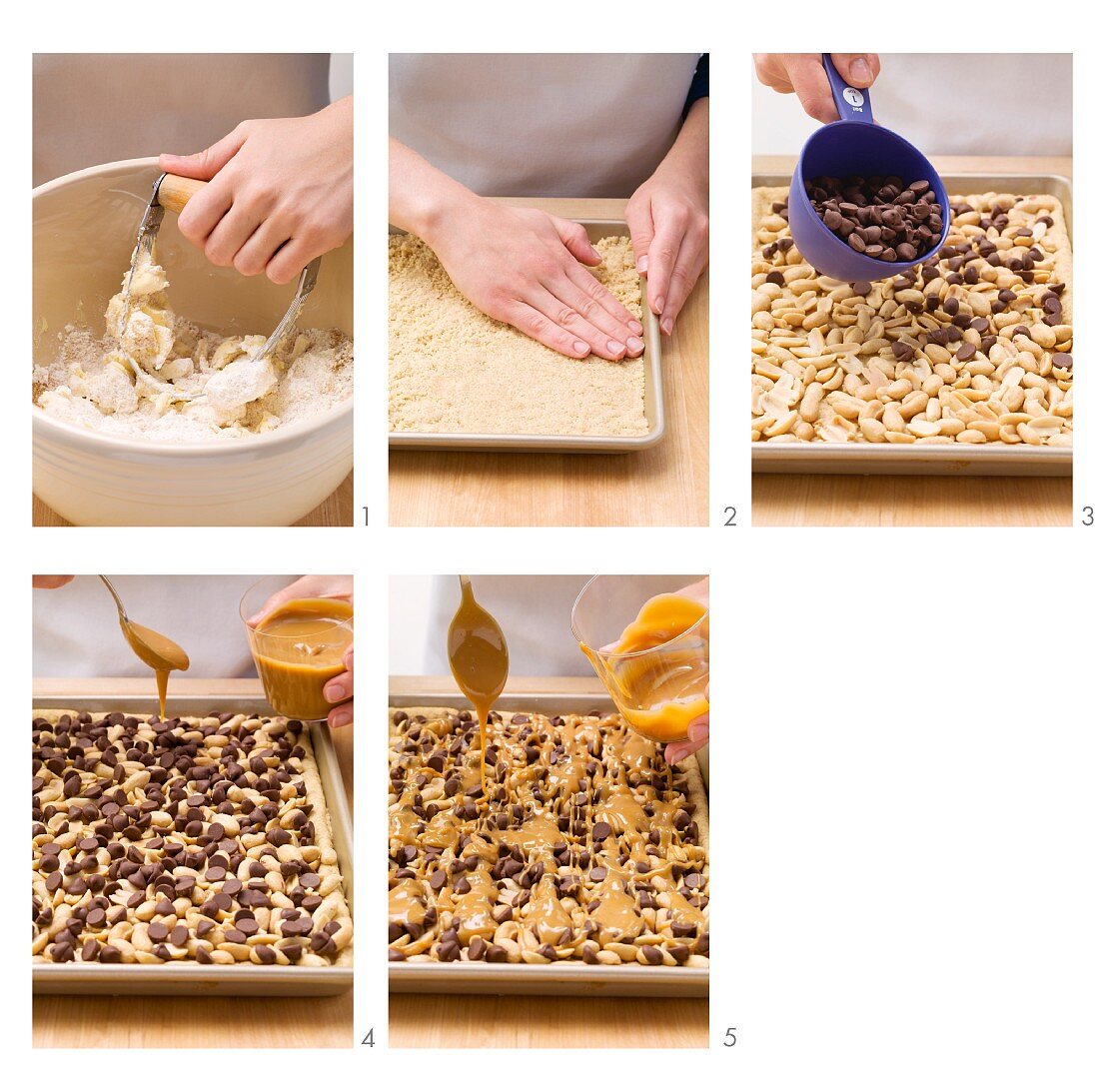 Preparing peanut and toffee bars with chocolate chips