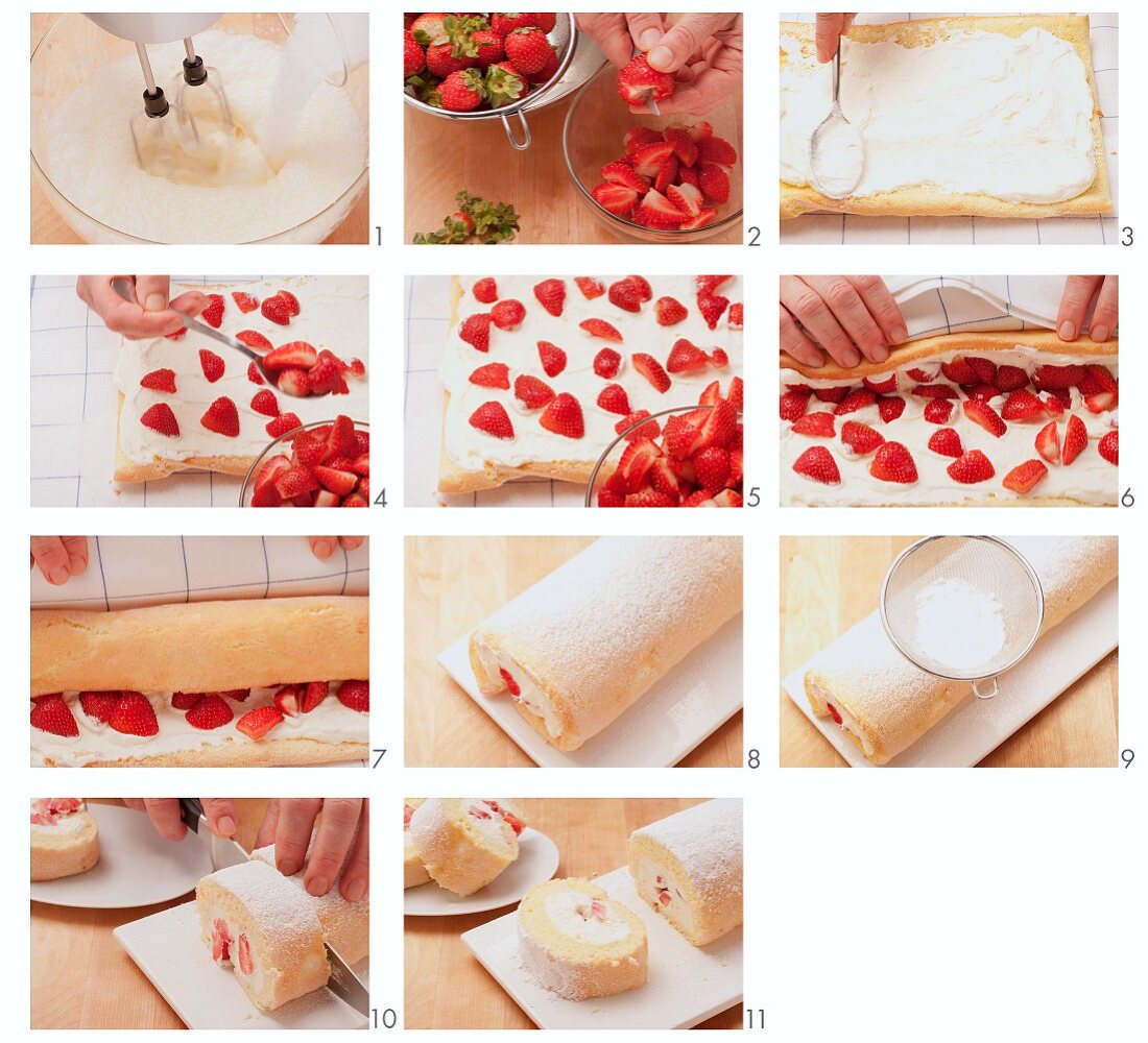 Biskuitroulade mit Erdbeer-Sahne-Füllung zubereiten