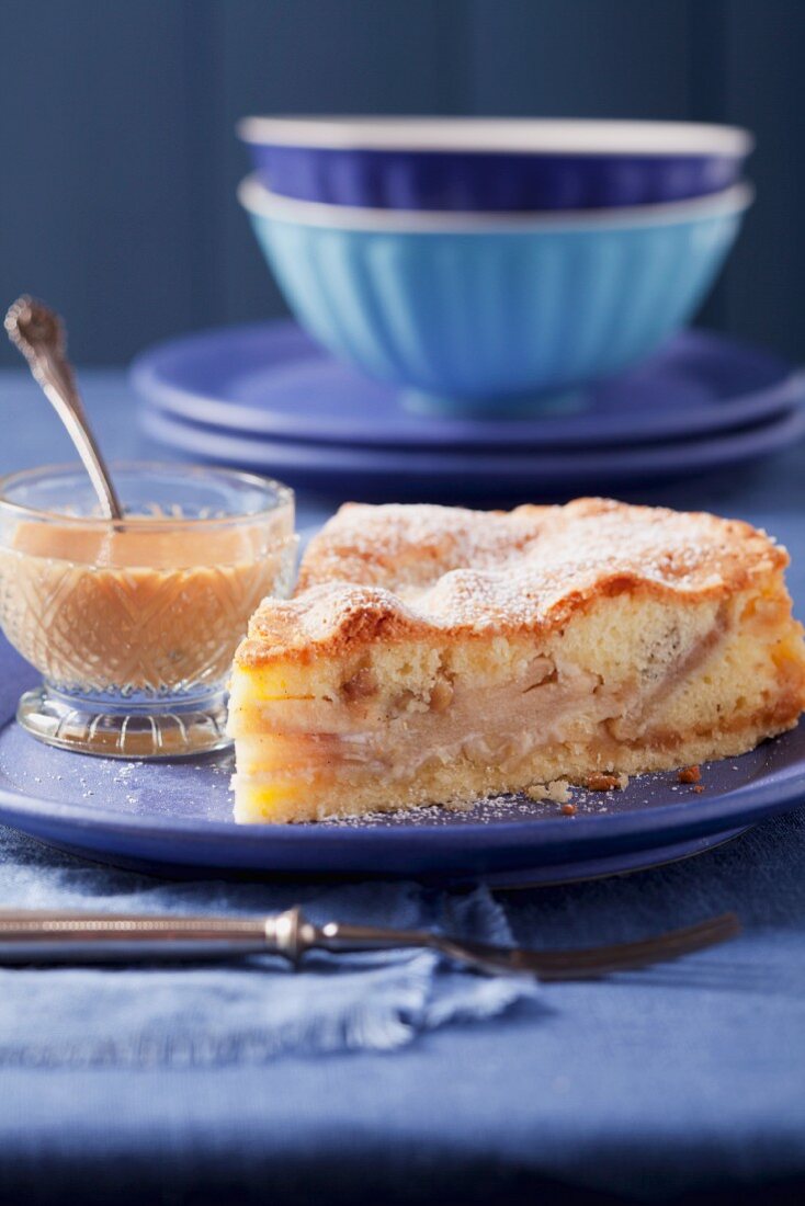 Apple and marzipan cake with caramel sauce