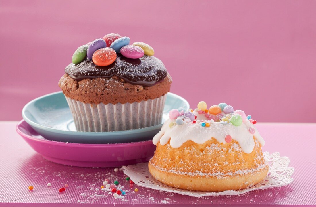 Chocolate muffin with Smarties and mini bundt cake