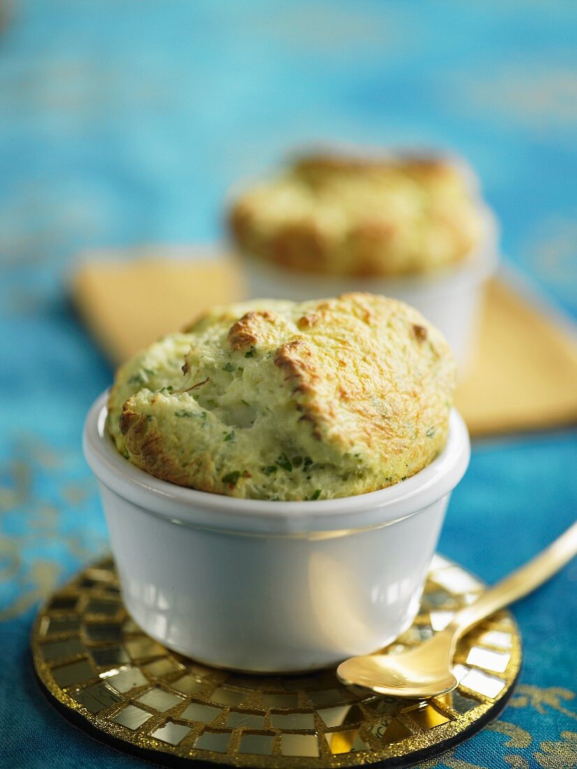 Savoury soufflé in soufflé dish