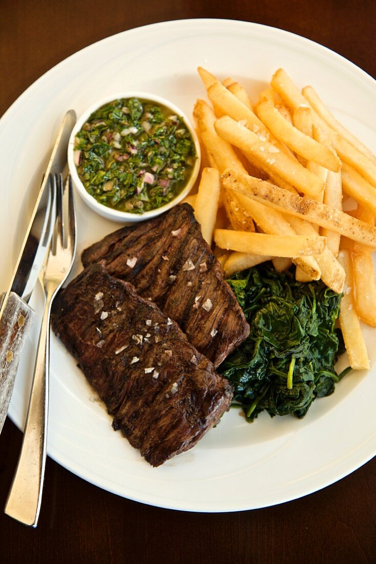 Skirt Steak with Spinach and French Fries; Cilantro Sauce; From Above