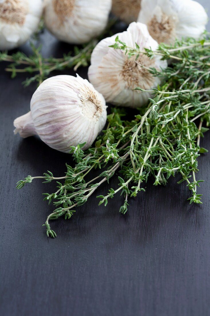 Garlic bulbs and thyme
