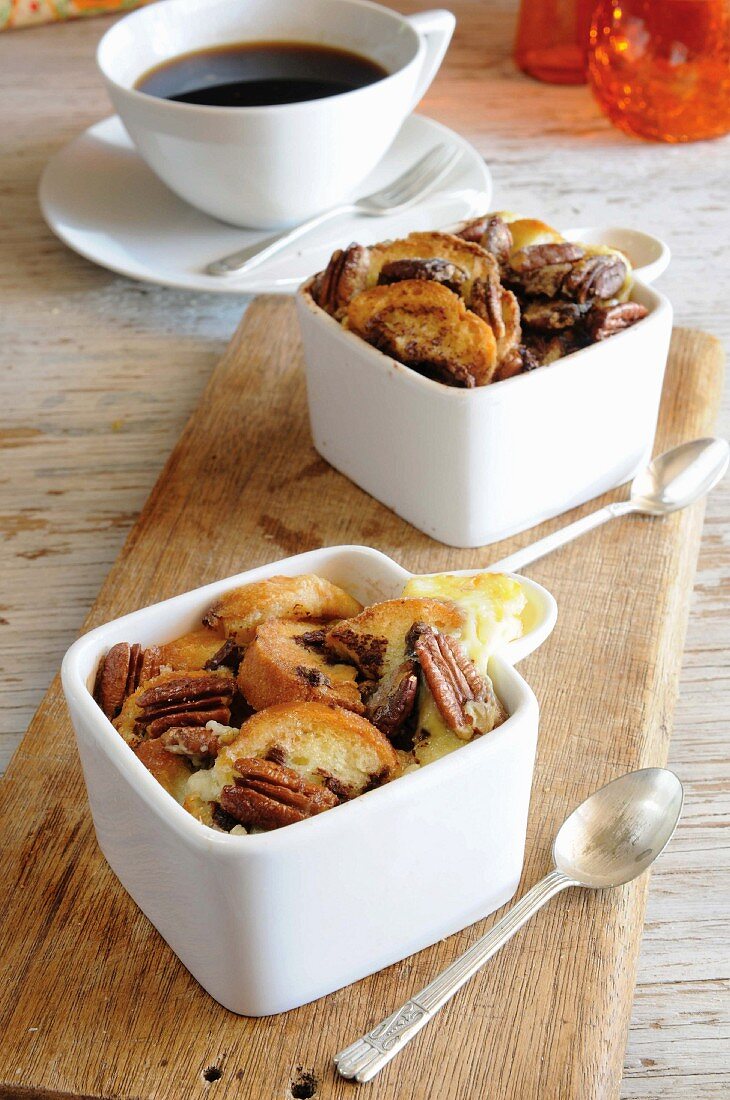 Bread and butter pudding with chocolate and pecan nuts