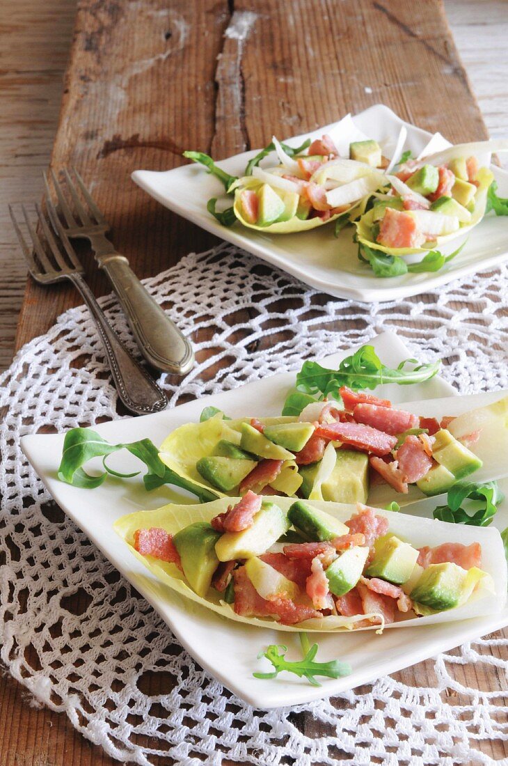 Chicory boats with avocado and bacon