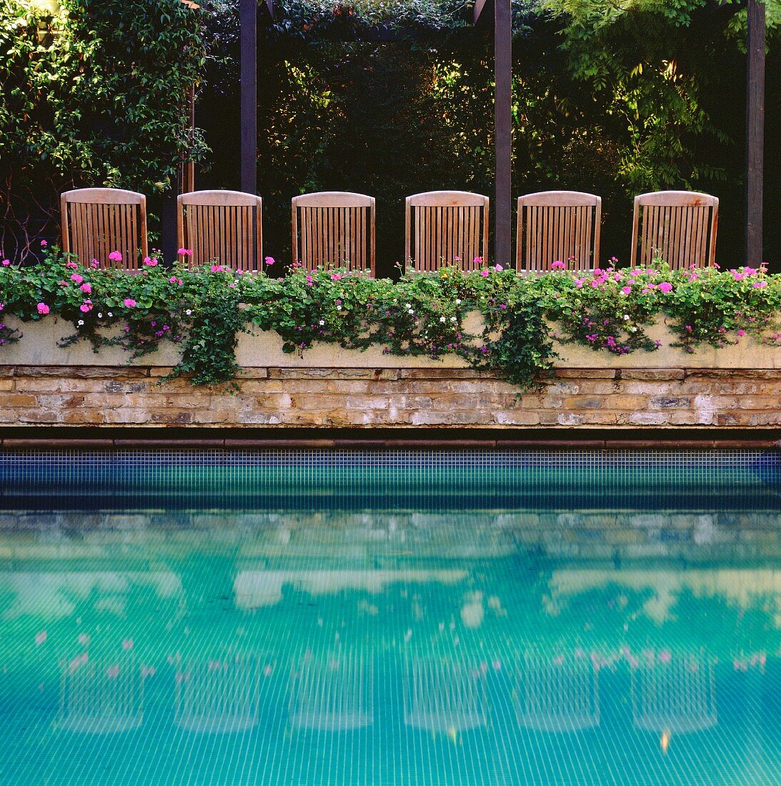 Pool surrounded by planters and deckchairs