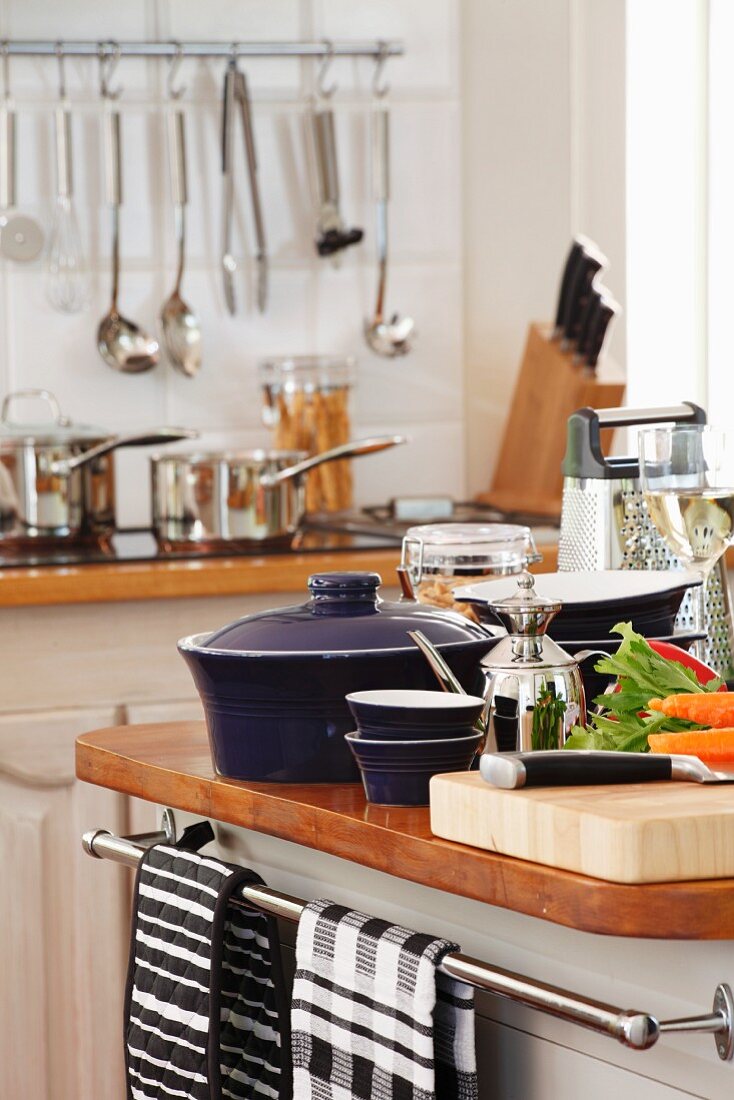 Kitchen island with kitchen utensils