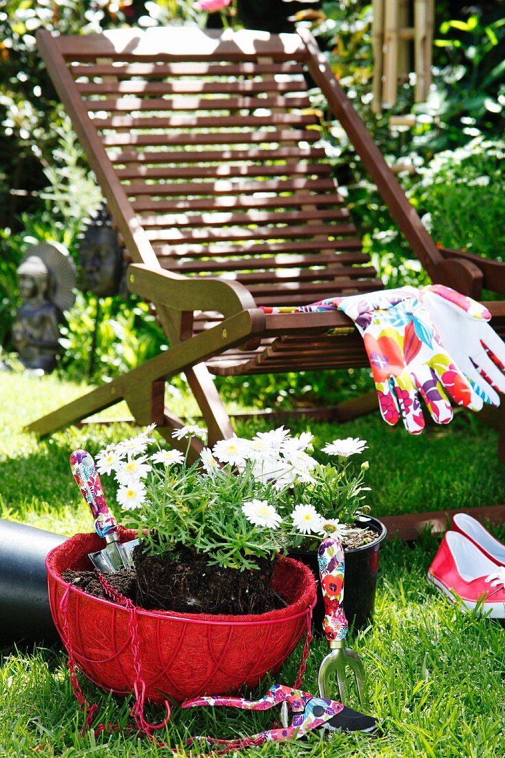 Roter Topf mit Margerite vor einer Liegestuhl mit Gartenhandschuhen