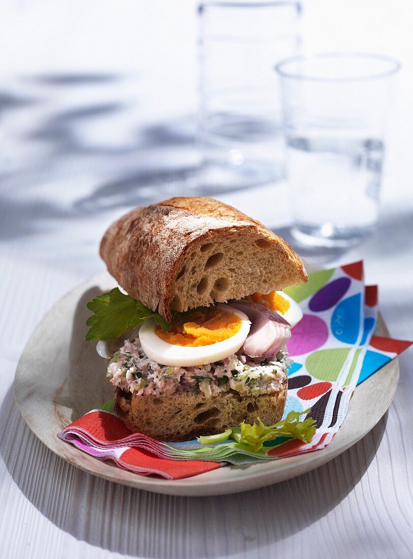 Sandwich mit Räucherforellencreme und Ei