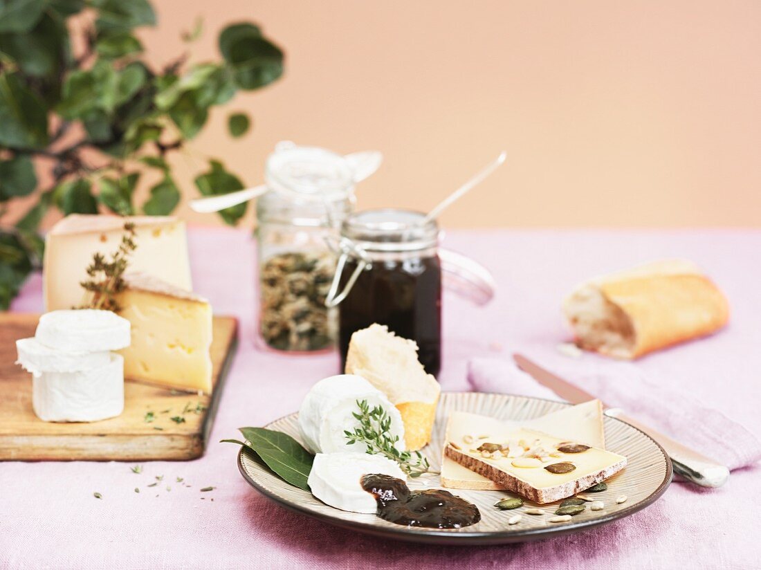 Various cheeses with damson chutney