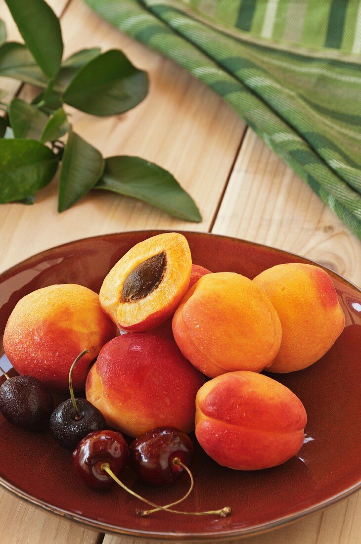 Frische Aprikosen und Kirschen auf Teller