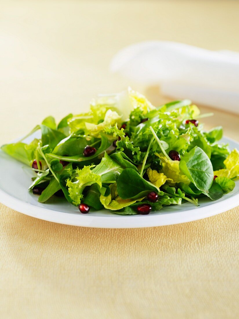 Fresh salad of lettuce and pomegranate seeds