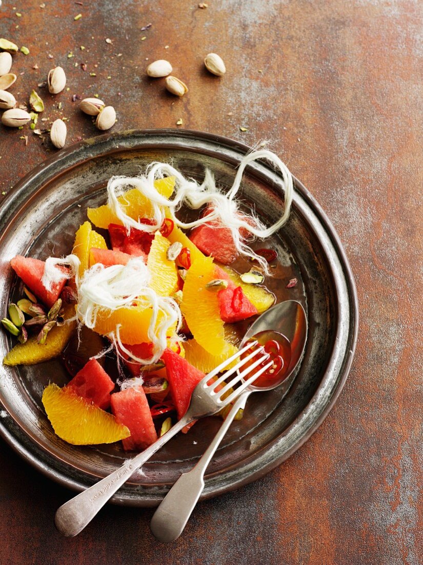 Orange and watermelon salad with pistachios