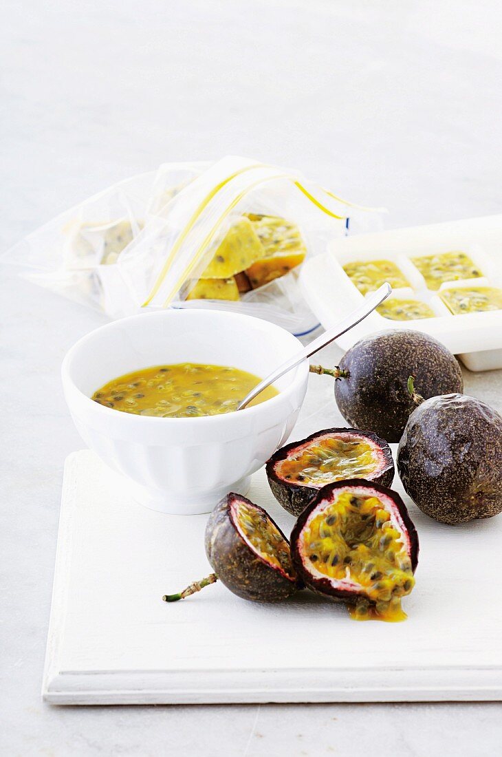 Flesh being removed from passion fruits