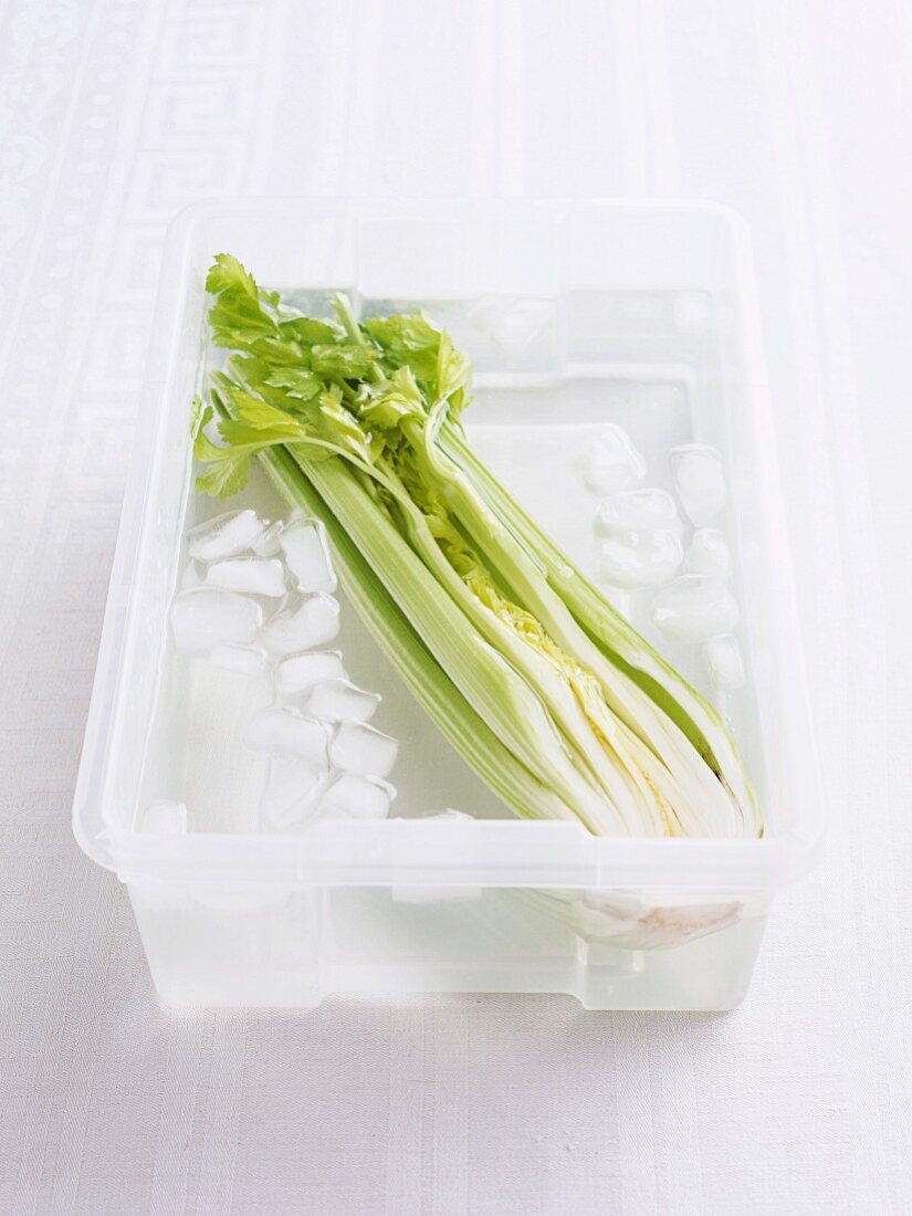 Celery being quenched in ice cold water