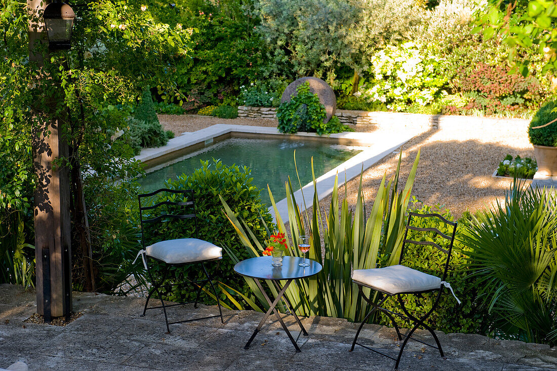 Seating area with a view of the swimming pond and garden plants