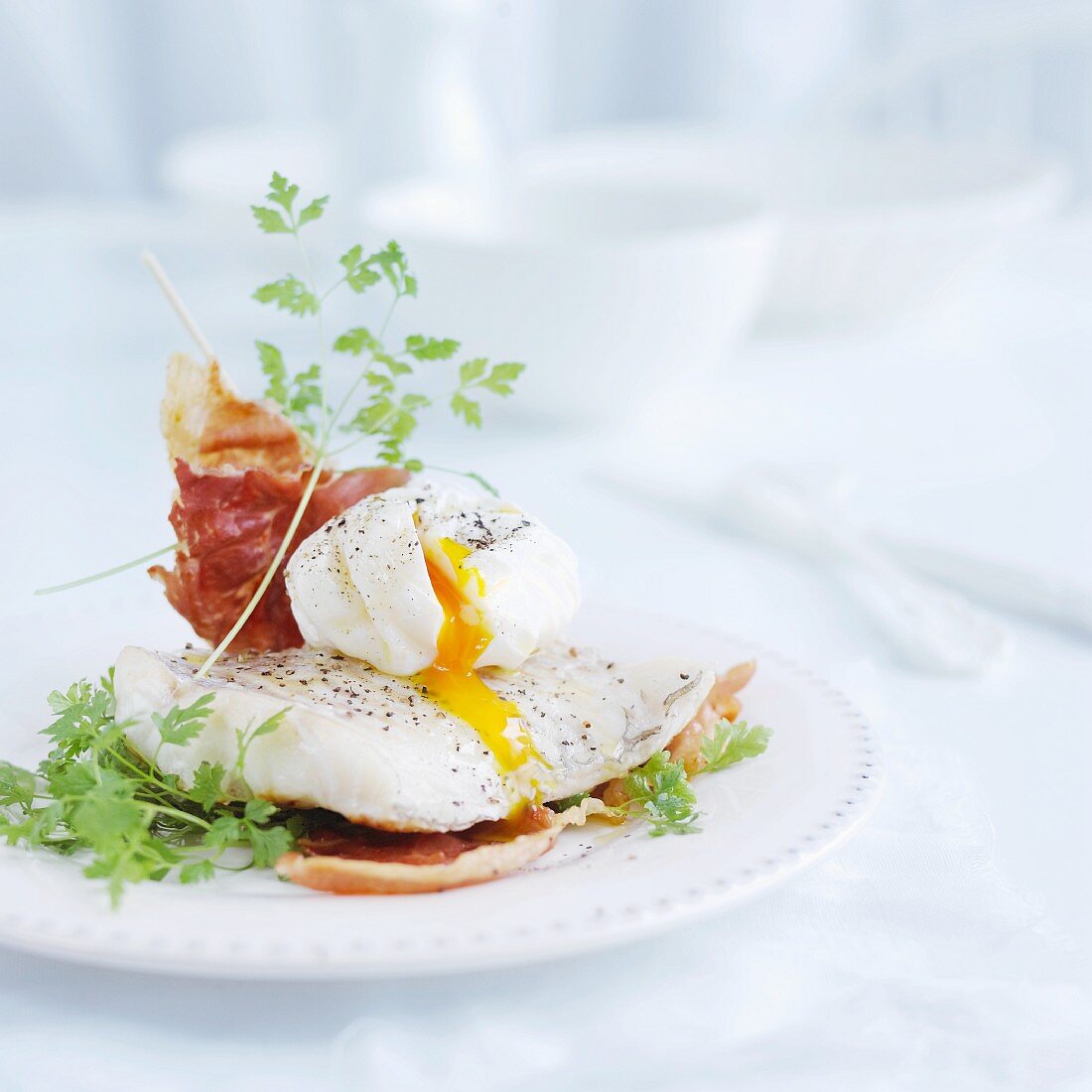 Cod fillet it with poached egg and Parma ham
