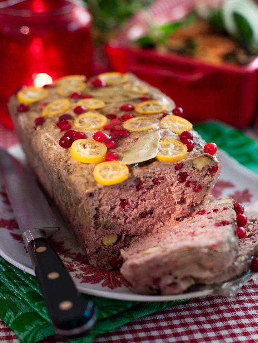 A game terrine with cranberries for Christmas dinner