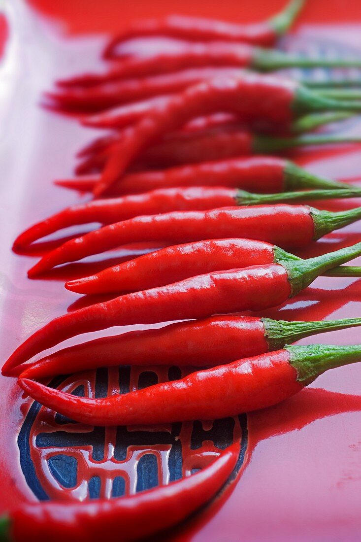 Viele rote Chilischoten in Keramikschale