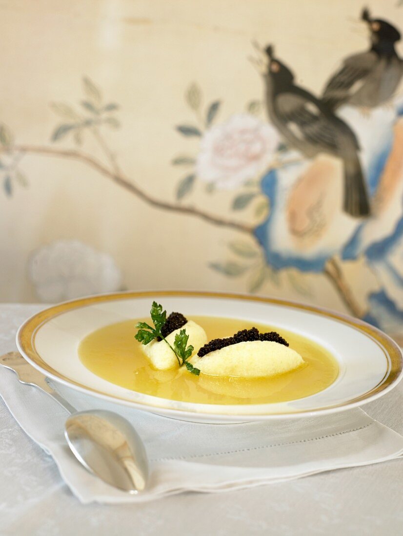 Semolina dumpling soup with caviar