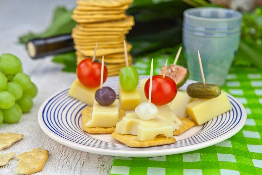 Cracker and cheese on sticks