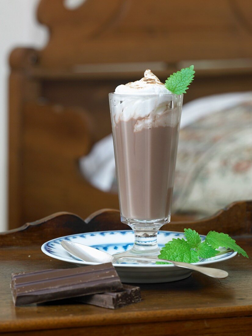 Hot chocolate with cream and mint