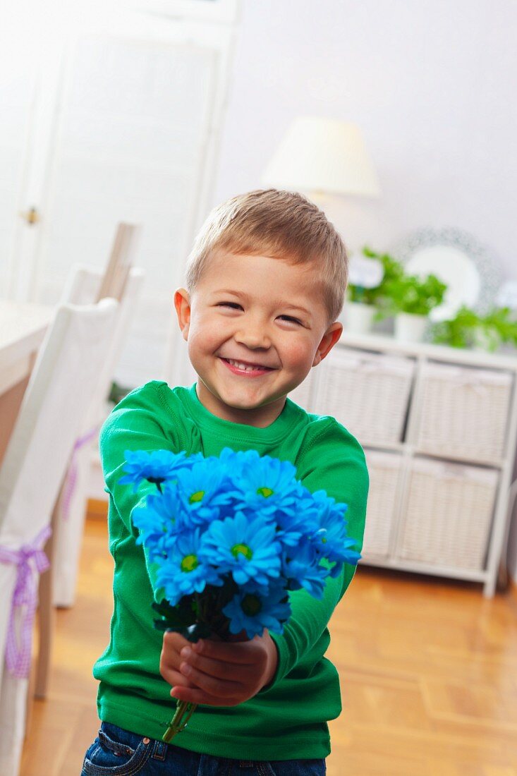 Boy holding posy of blue-dyed flowers in both hands