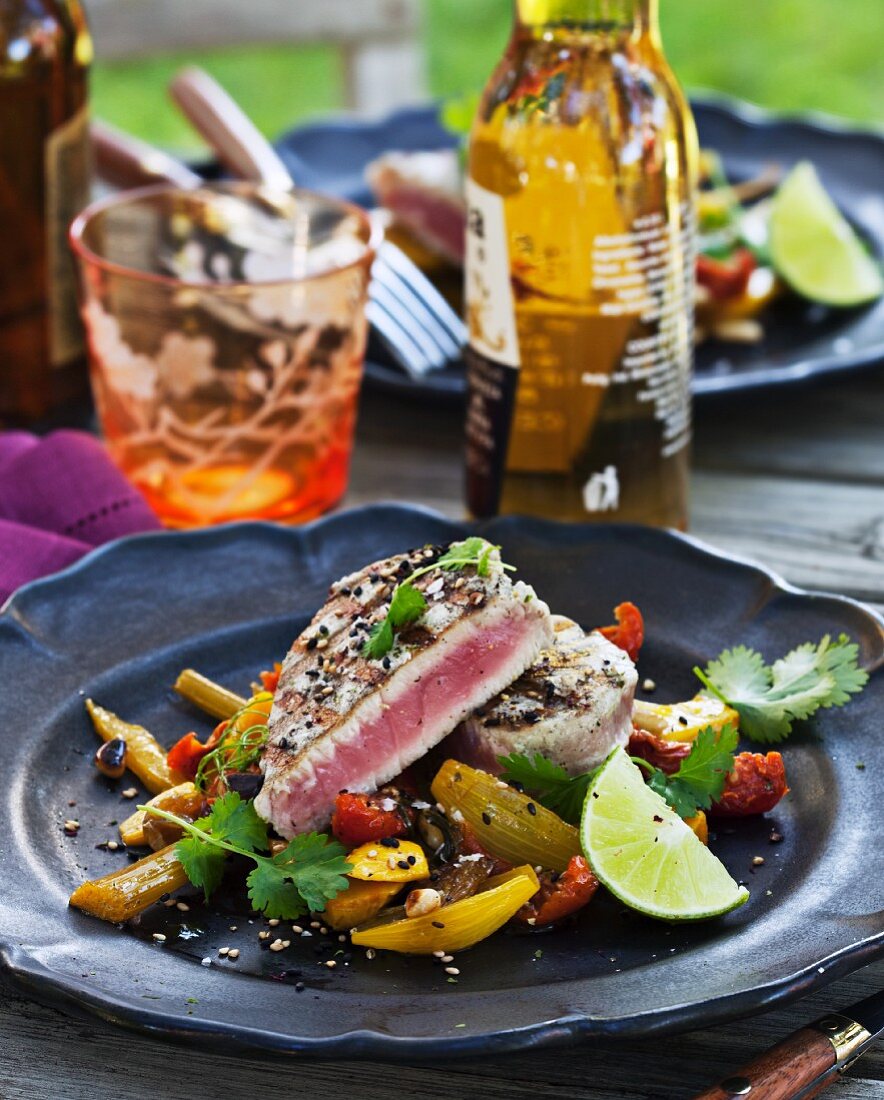 Grilled tuna on a fennel and tomato medley