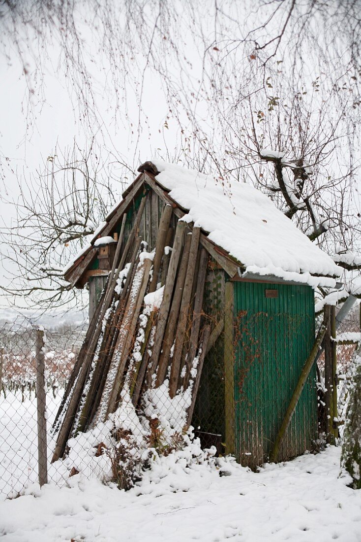 Shed in snowy garden