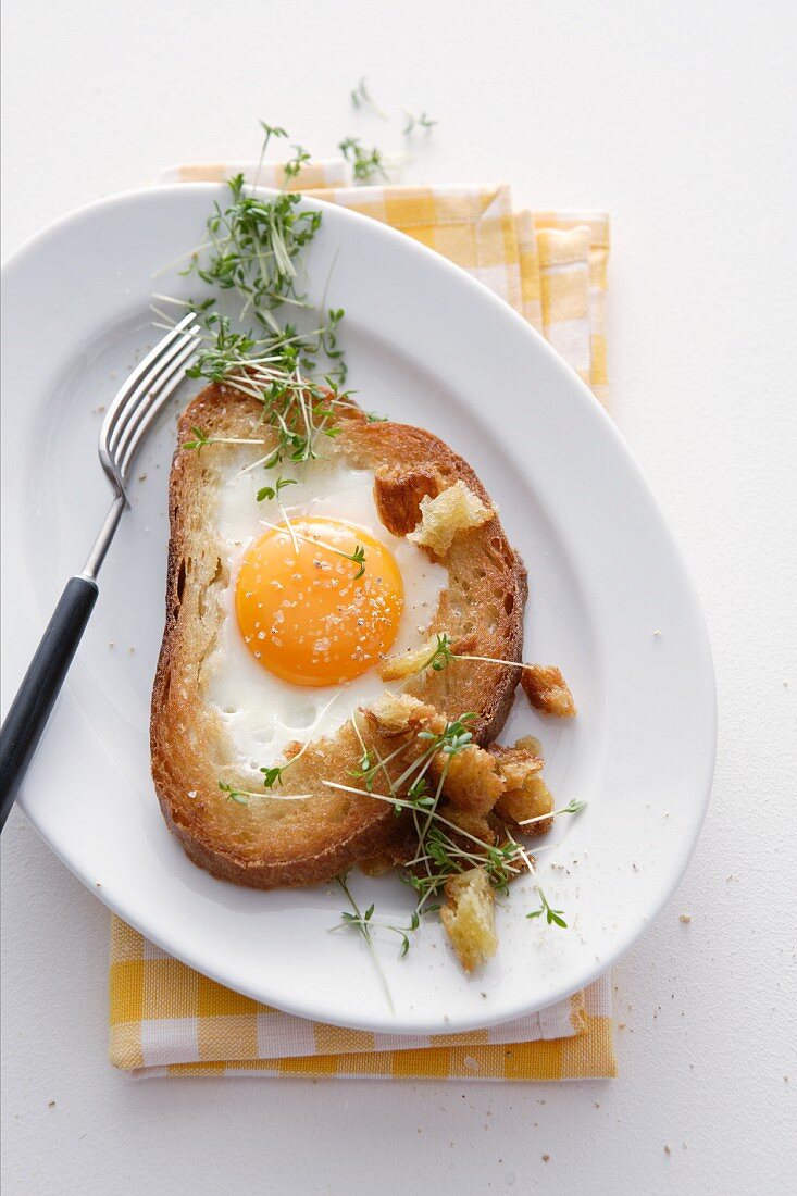 A slice of bread topped with scrambled eggs and cress