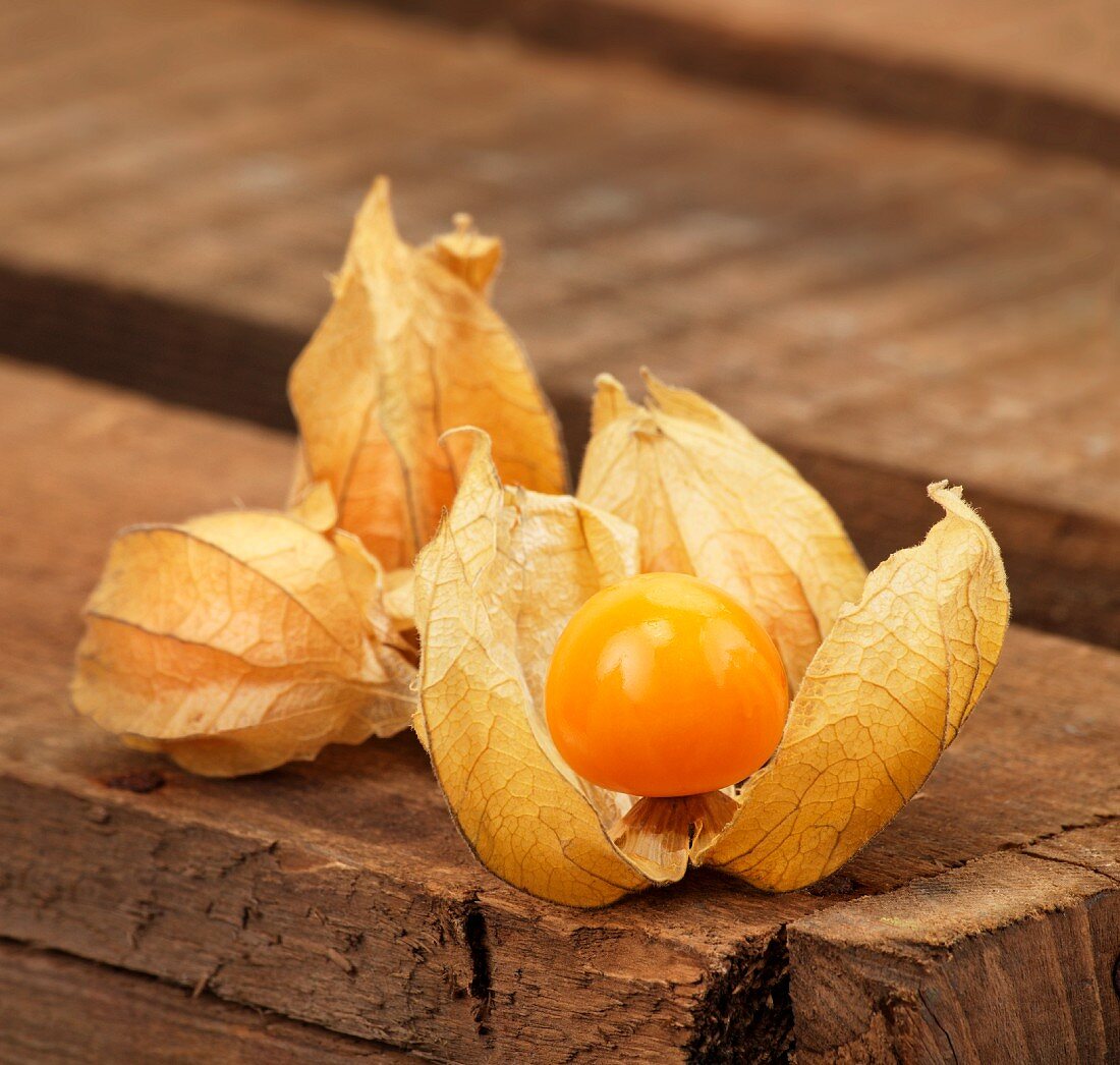 Physalis auf Holzbrett