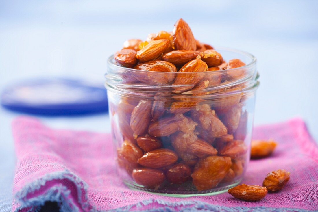 A jar of caramelised almonds