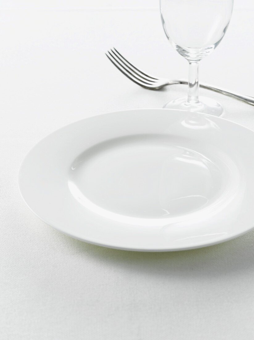 A white plate, a wine glass and a fork