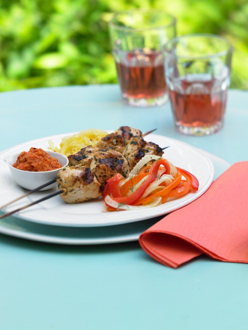 Grilled Chicken Skewers with Bell Pepper Salad on an Outdoor Table