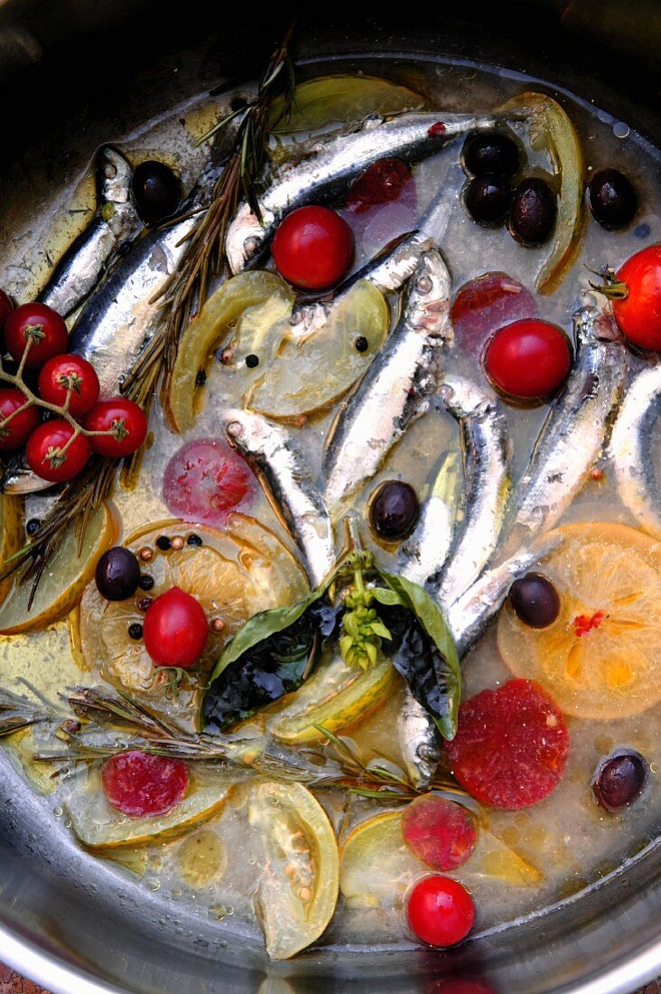 Marinated sardines with lemon confit, tomatoes and rosemary