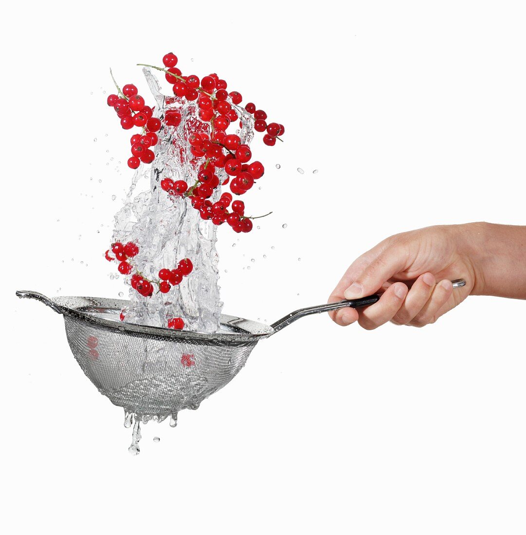 Redcurrants being washed in a sieve