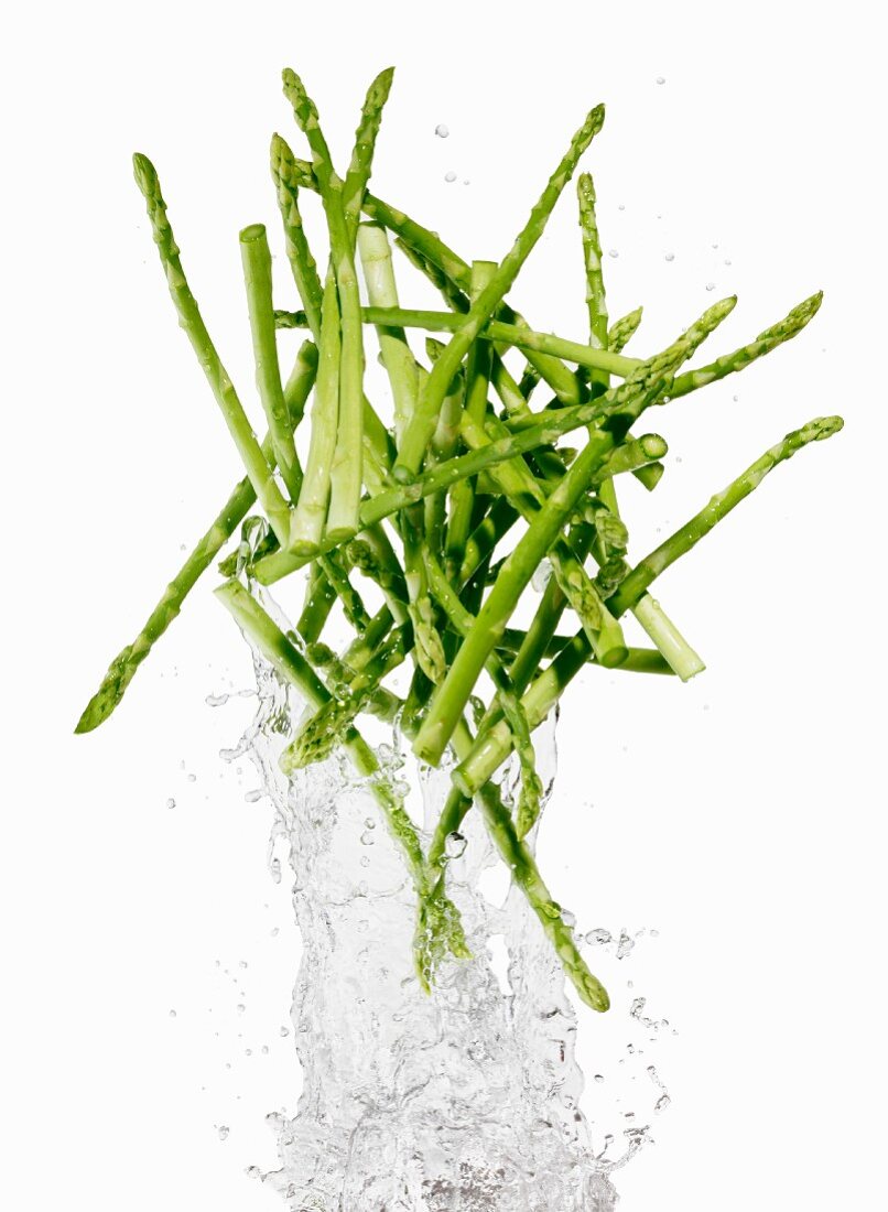 Green asparagus with a water splash