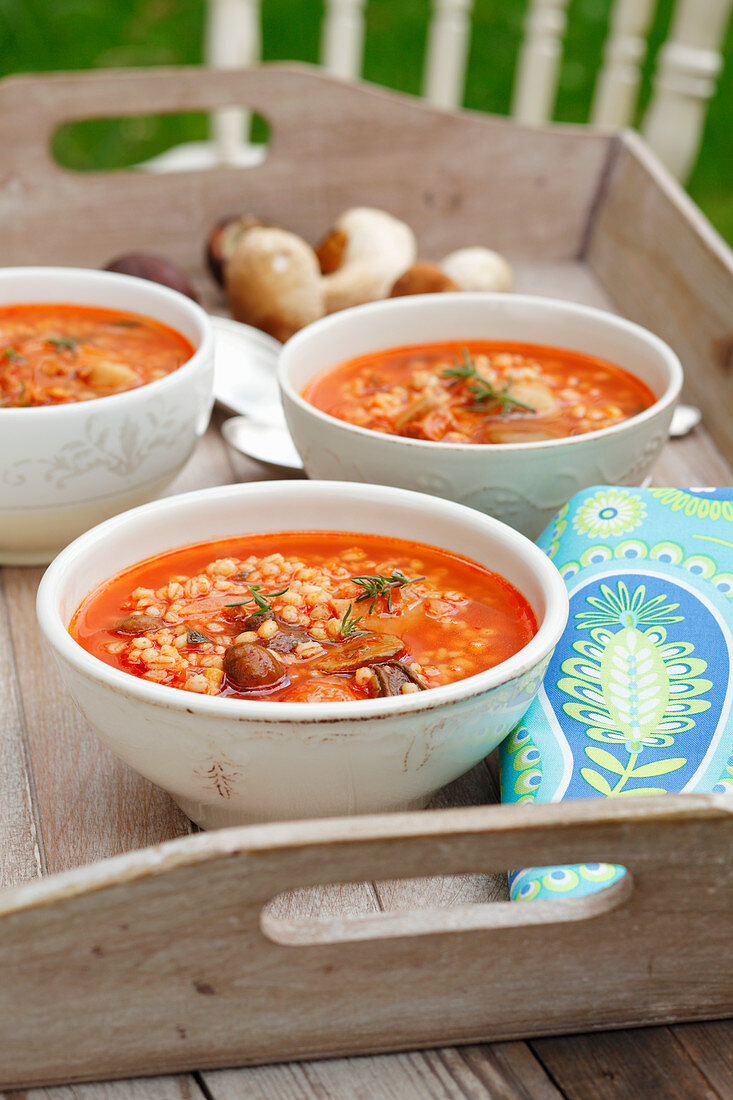 Tomato soup with mushrooms and barley