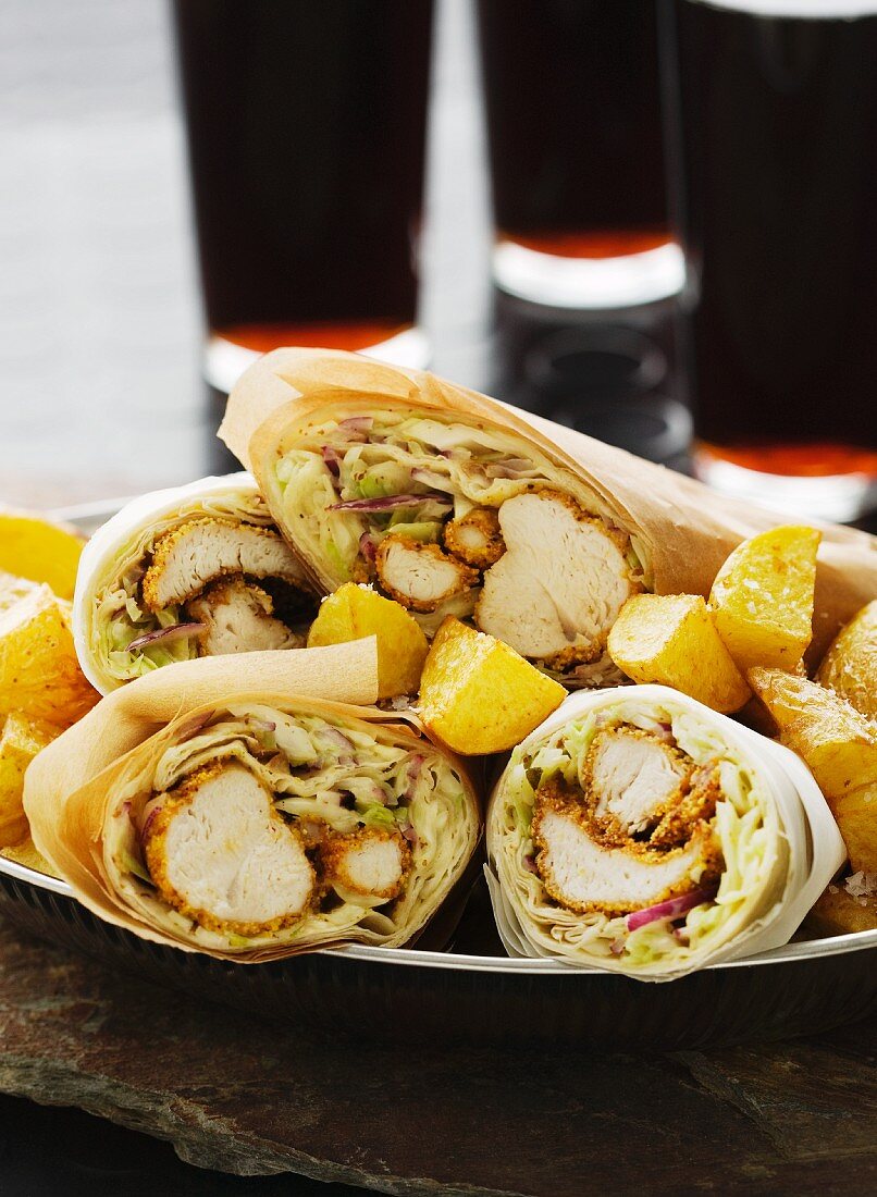 Wraps with breadcrumbed chicken, fried potatoes