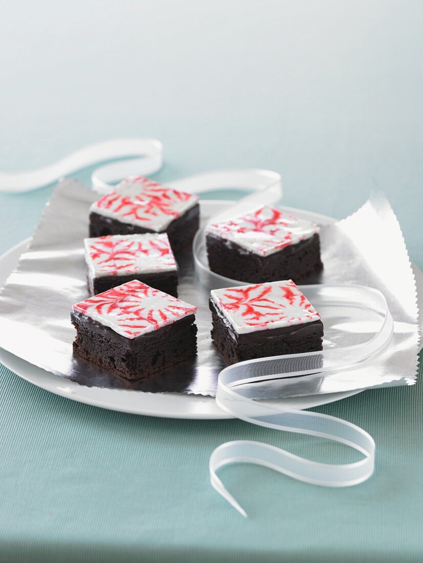 Peppermint Christmas Brownies on a Silver Platter; Ribbon