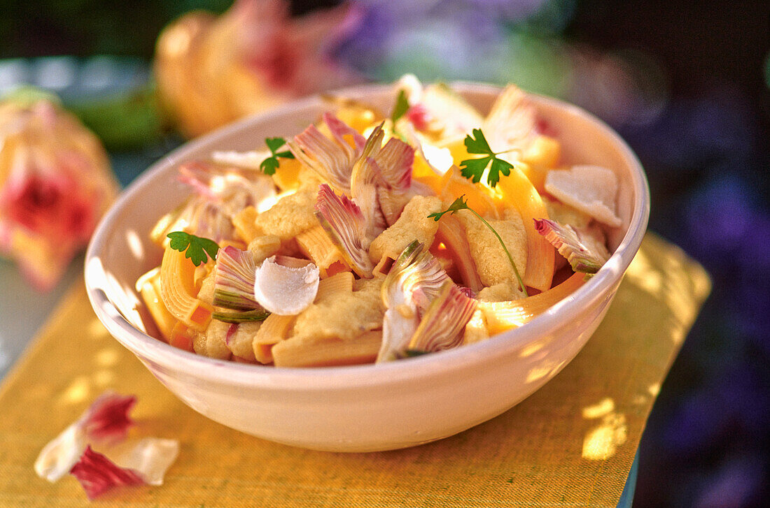 Quadrelli pasta with artichokes and parmesan