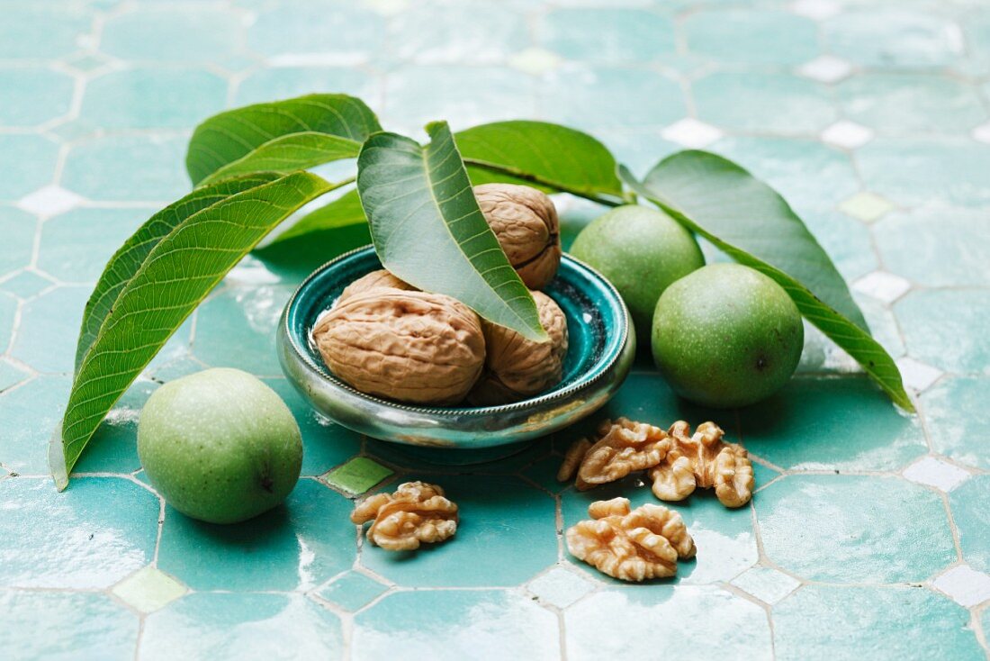 Walnuts with leaves