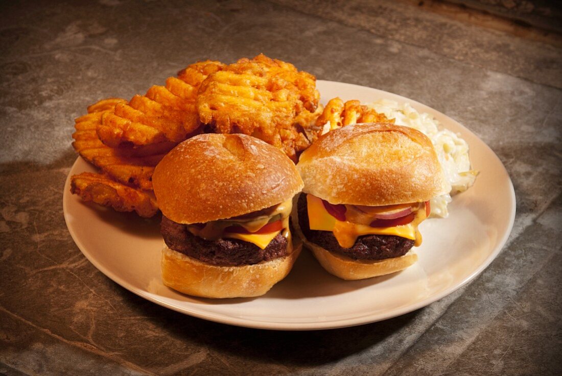 Two Cheeseburger Sliders with Waffle Fries and Cole Slaw