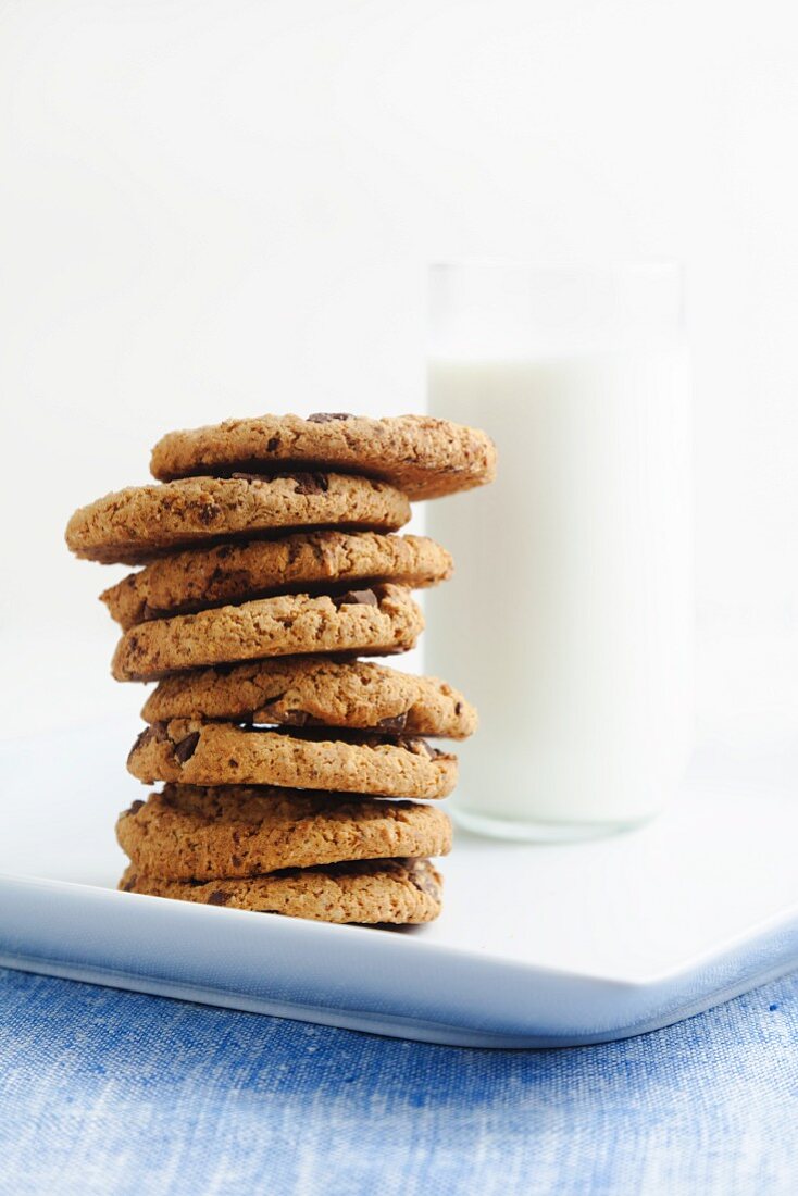 Stack of Chocolate Chip Cookies with a Glass of Milk