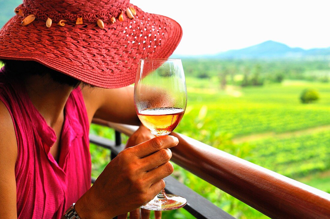 A woman with a glass of rose surveying a vineyard