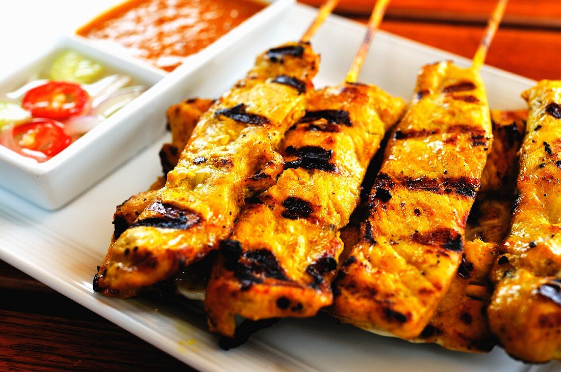 Grilled chicken sate kebabs with dips