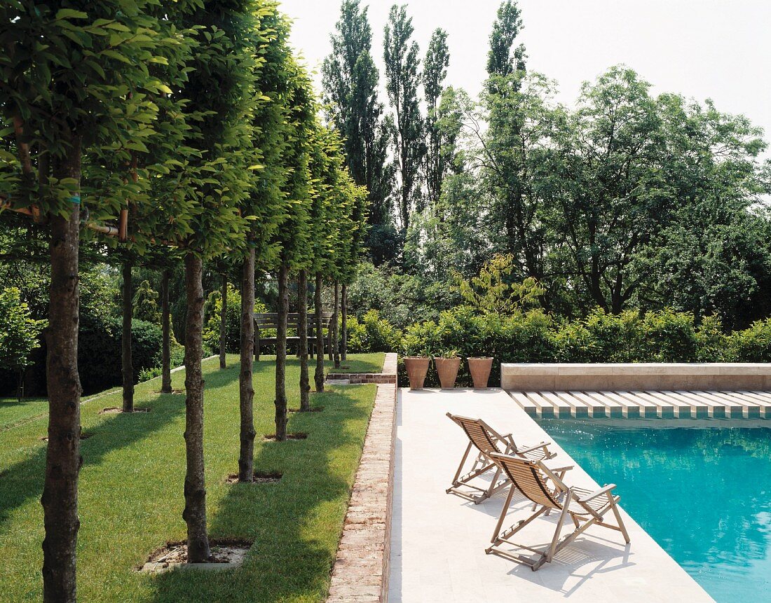 Landscaped garden with wooden deckchairs next to swimming pool