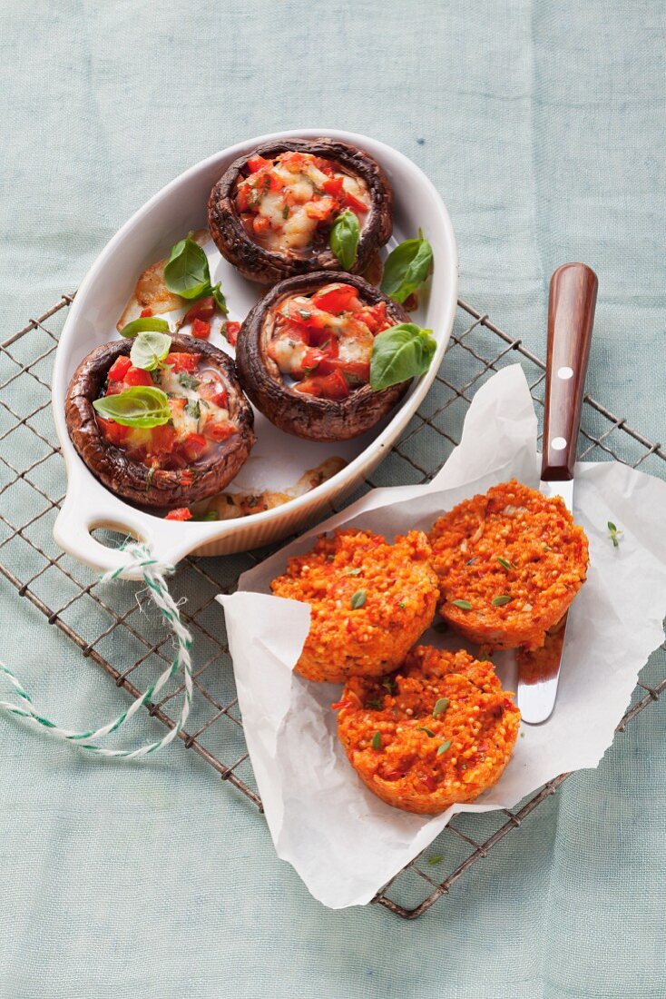 Mushrooms stuffed with tomatoes and mozzarella and millet muffins