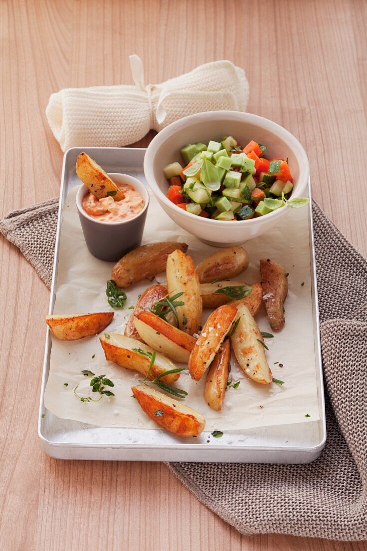 Vegetable salad, roasted potato wedges and cocktail dip
